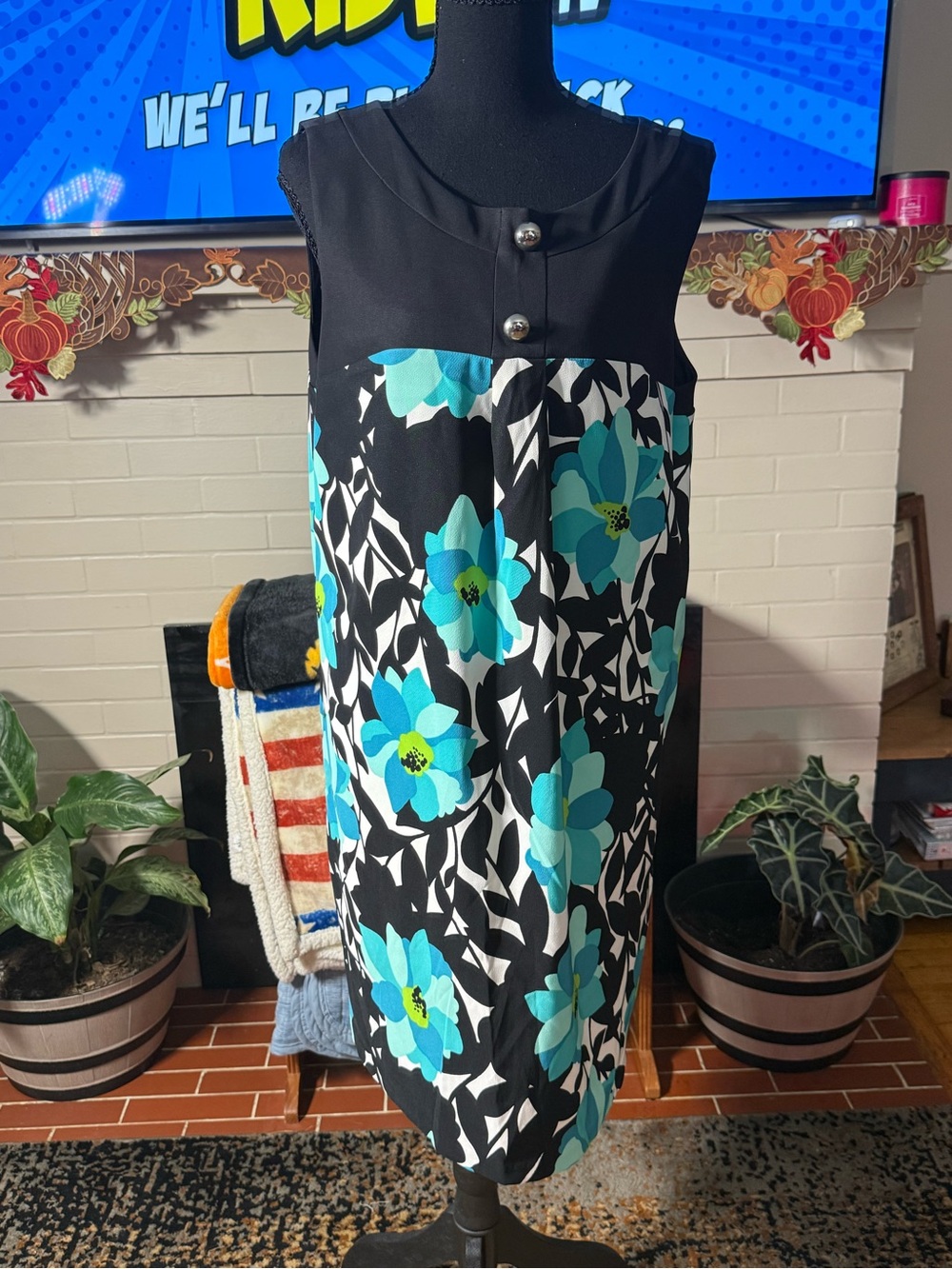 Dress Barn Black Dress with Teal & Aqua Floral Print
